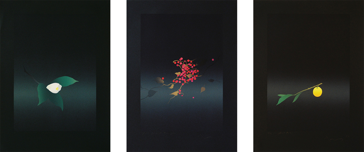 Camelia blanc - 白つばき - 110x80cm 1990 | Fruit rouge - 朱い実 - 110x80cm 1990 | Fruit doré - 金色の果実 - 110x80cm 1990